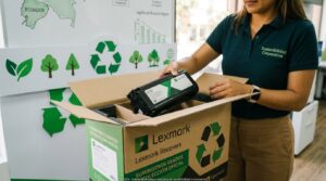 Un empleado de oficina preparando un tóner usado de Lexmark en una caja de devolución ecológica para su recolección y reciclaje dentro del programa de sostenibilidad.